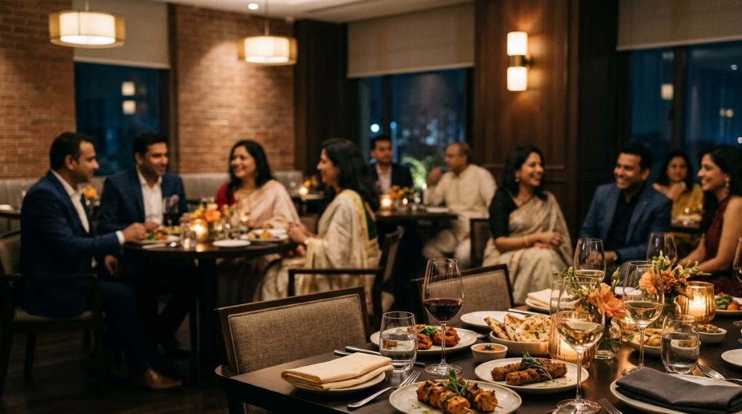 Atmospheric evening corporate and social gathering with catered food and table service